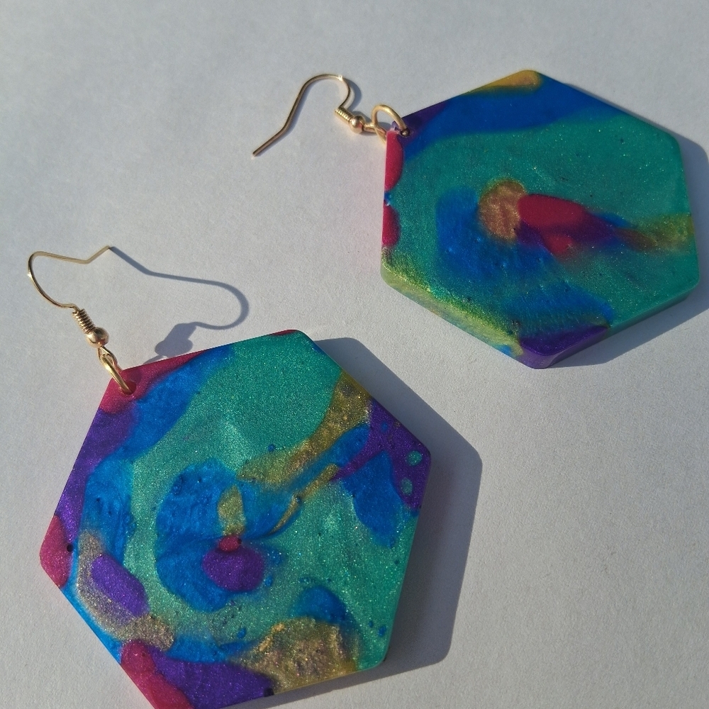 Hand Crafted Multicolor Hexagon Earrings - Picture 3 of 5